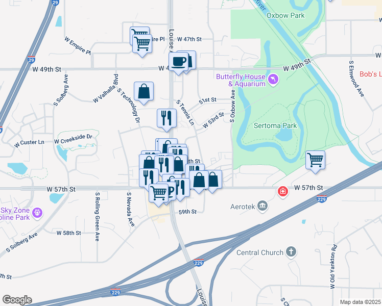 map of restaurants, bars, coffee shops, grocery stores, and more near 4700 South Baha Avenue in Sioux Falls