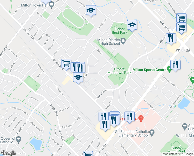 map of restaurants, bars, coffee shops, grocery stores, and more near 358 Meadowbrook Drive in Milton