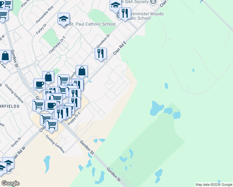 map of restaurants, bars, coffee shops, grocery stores, and more near 123 Dallan Drive in Guelph