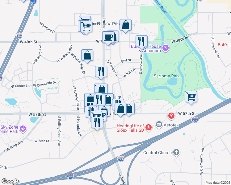 map of restaurants, bars, coffee shops, grocery stores, and more near 4600 South Baha Avenue in Sioux Falls