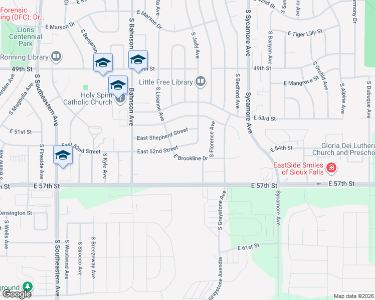 map of restaurants, bars, coffee shops, grocery stores, and more near East 52nd Street in Sioux Falls