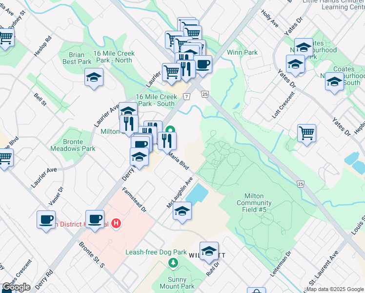 map of restaurants, bars, coffee shops, grocery stores, and more near 605 Santa Maria Boulevard in Milton