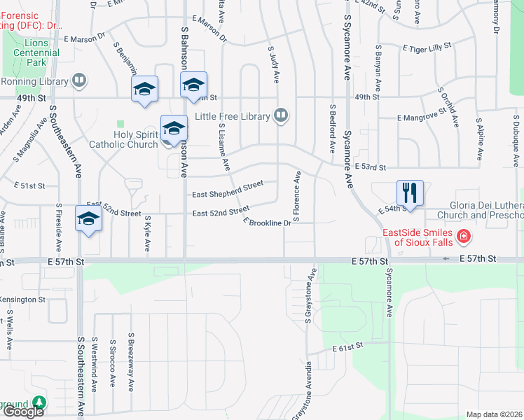 map of restaurants, bars, coffee shops, grocery stores, and more near East 52nd Street in Sioux Falls