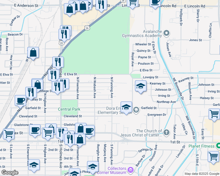 map of restaurants, bars, coffee shops, grocery stores, and more near 796 Whittier Street in Idaho Falls