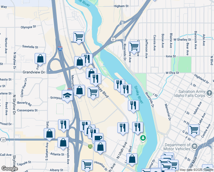 map of restaurants, bars, coffee shops, grocery stores, and more near 854 Lindsay Boulevard in Idaho Falls