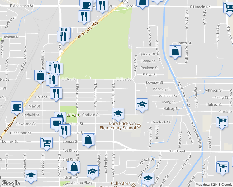 map of restaurants, bars, coffee shops, grocery stores, and more near 748 North Fanning Avenue in Idaho Falls