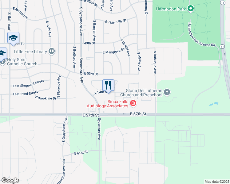 map of restaurants, bars, coffee shops, grocery stores, and more near 4800 East 54th Street in Sioux Falls