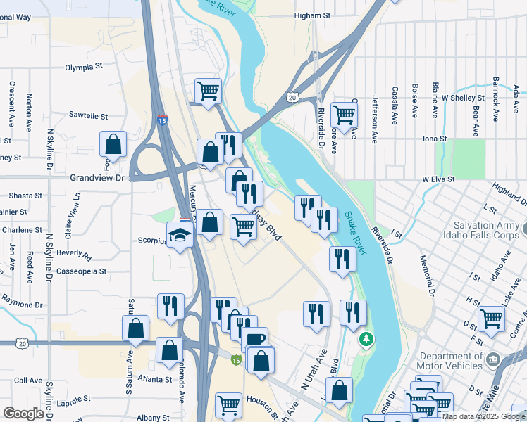 map of restaurants, bars, coffee shops, grocery stores, and more near 854 Lindsay Boulevard in Idaho Falls