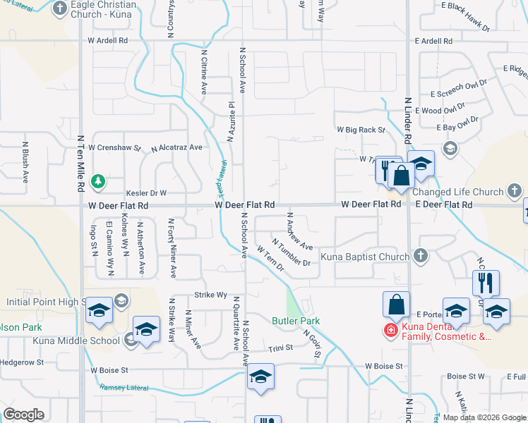 map of restaurants, bars, coffee shops, grocery stores, and more near 732 West Rams Hill Street in Kuna