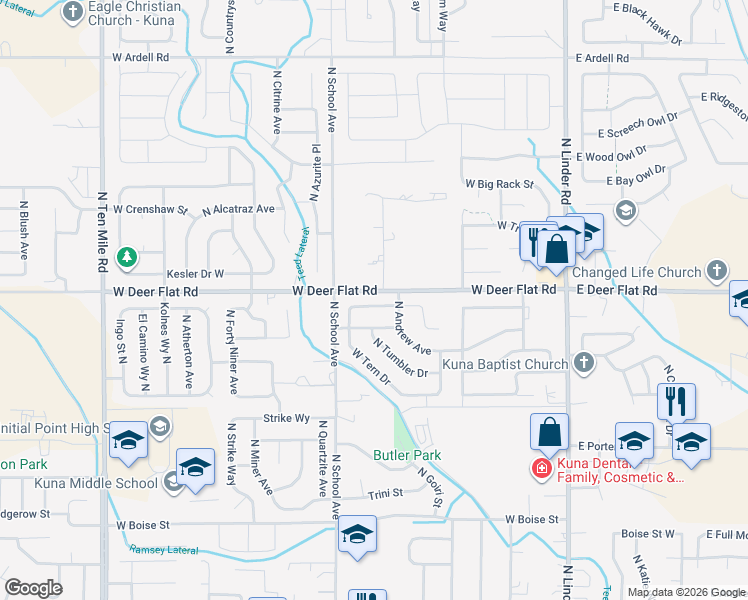 map of restaurants, bars, coffee shops, grocery stores, and more near 732 West Rams Hill Street in Kuna
