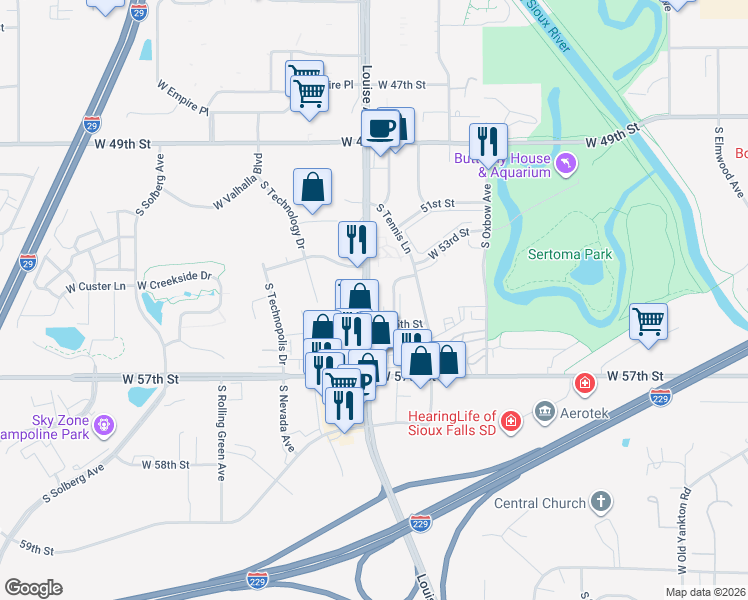 map of restaurants, bars, coffee shops, grocery stores, and more near 4608 South Louise Avenue in Sioux Falls