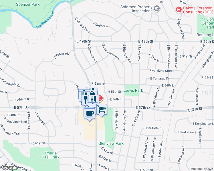 map of restaurants, bars, coffee shops, grocery stores, and more near 4517 South Glenview Road in Sioux Falls