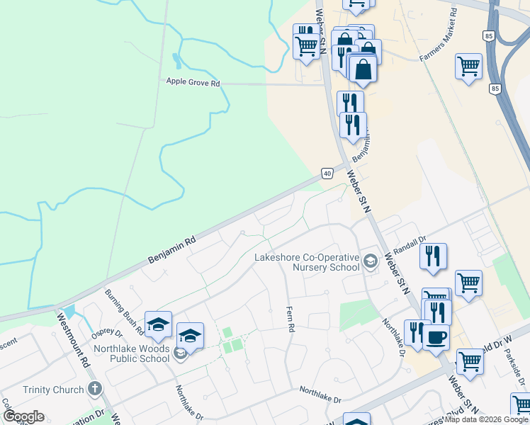 map of restaurants, bars, coffee shops, grocery stores, and more near 225 Benjamin Road in Waterloo