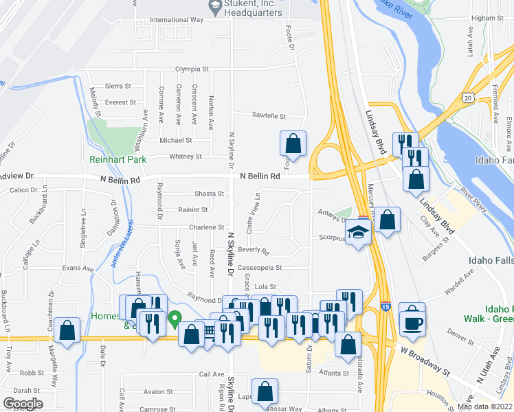 map of restaurants, bars, coffee shops, grocery stores, and more near 860 Claire View Lane in Idaho Falls