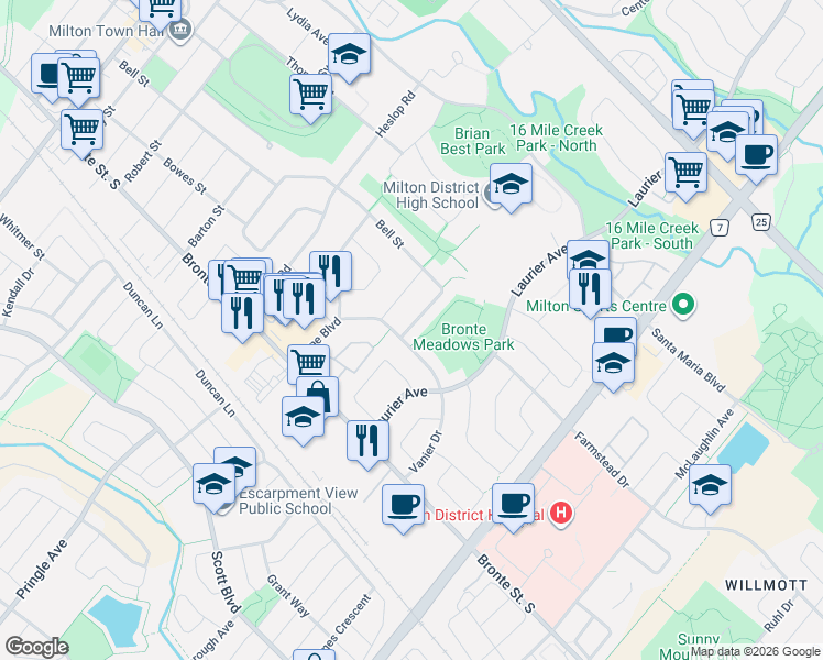 map of restaurants, bars, coffee shops, grocery stores, and more near 477 Bell Street in Milton