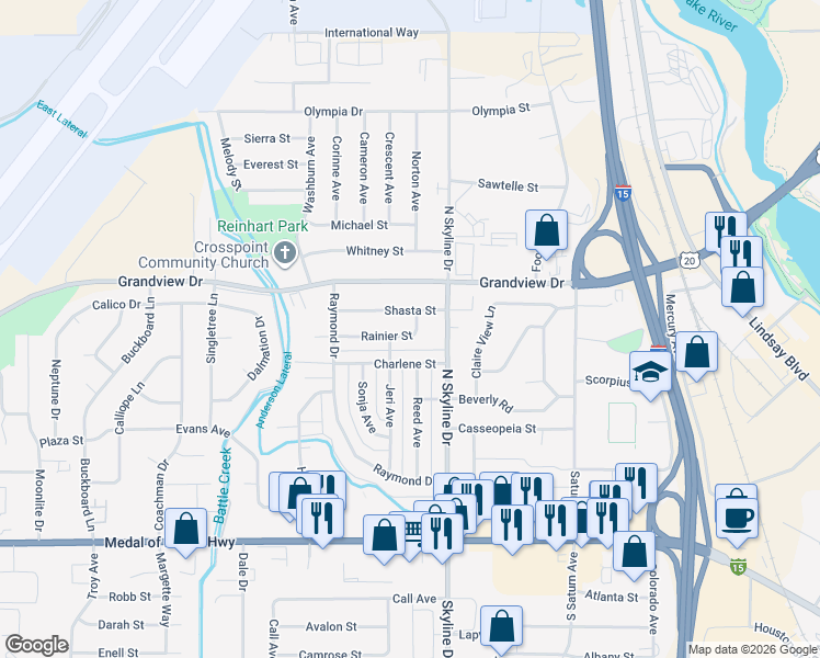 map of restaurants, bars, coffee shops, grocery stores, and more near 1691 Shasta Street in Idaho Falls