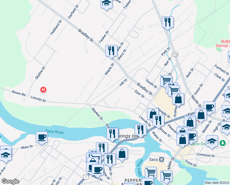 map of restaurants, bars, coffee shops, grocery stores, and more near 69 Hill Street in Saco