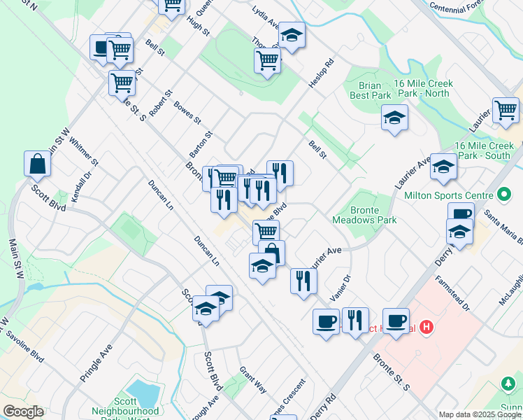 map of restaurants, bars, coffee shops, grocery stores, and more near 327 Bronte Street South in Milton