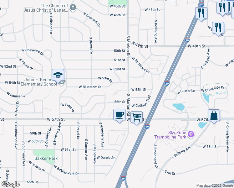 map of restaurants, bars, coffee shops, grocery stores, and more near West Sunnydale Place in Sioux Falls