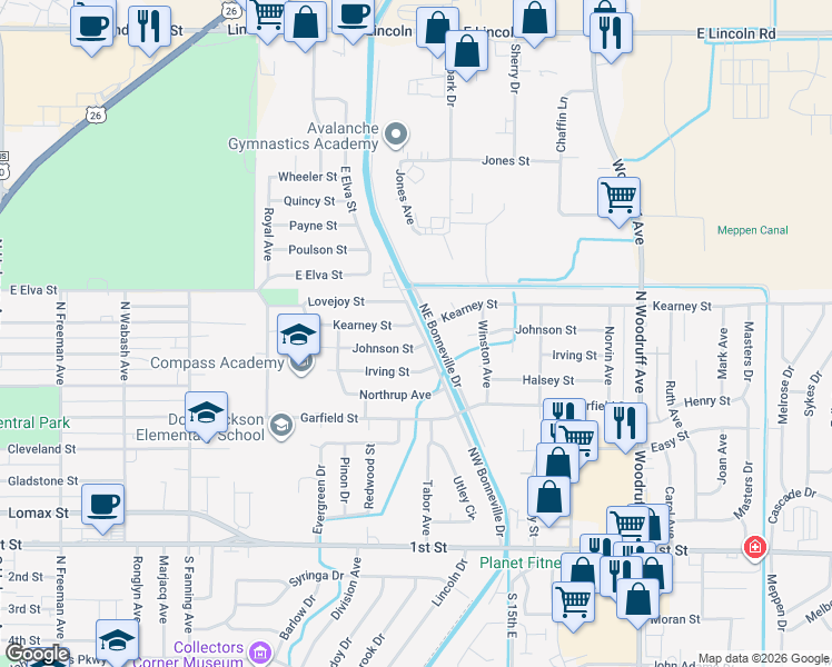 map of restaurants, bars, coffee shops, grocery stores, and more near 1164 Kearney Street in Idaho Falls