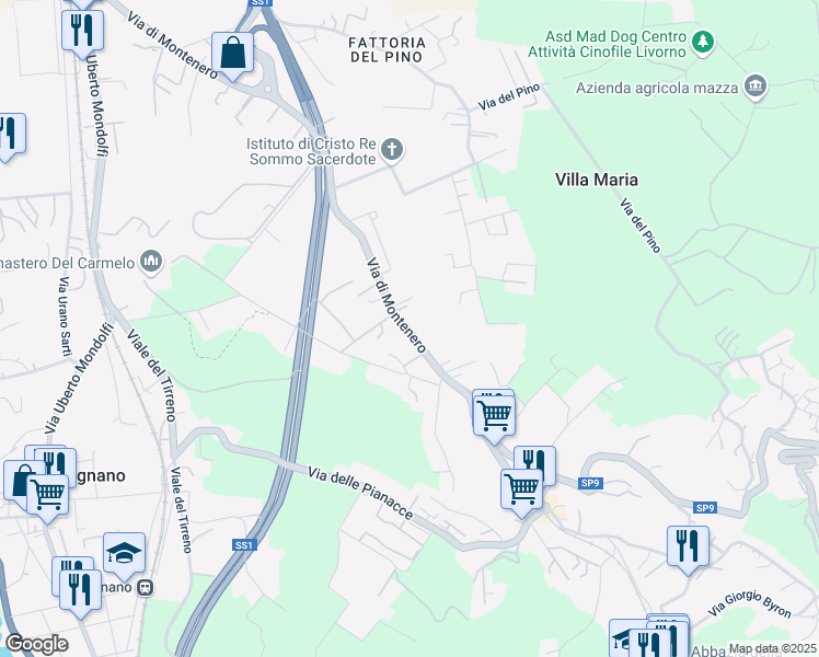 map of restaurants, bars, coffee shops, grocery stores, and more near 121 Via di Montenero in Livorno