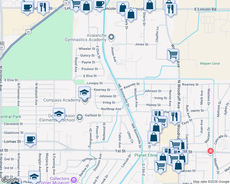map of restaurants, bars, coffee shops, grocery stores, and more near 1164 Kearney Street in Idaho Falls