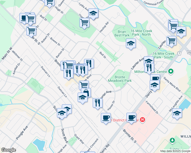 map of restaurants, bars, coffee shops, grocery stores, and more near 358 Meadowbrook Drive in Milton