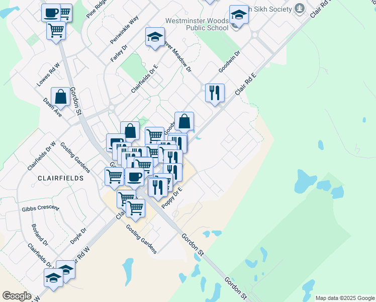 map of restaurants, bars, coffee shops, grocery stores, and more near 113 Clair Road East in Guelph