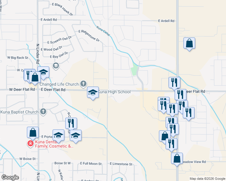 map of restaurants, bars, coffee shops, grocery stores, and more near 818 East Deer Flat Road in Kuna