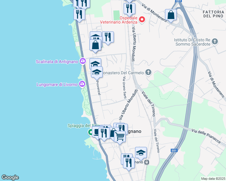 map of restaurants, bars, coffee shops, grocery stores, and more near 10 Via Giuseppe Gozzer in Livorno