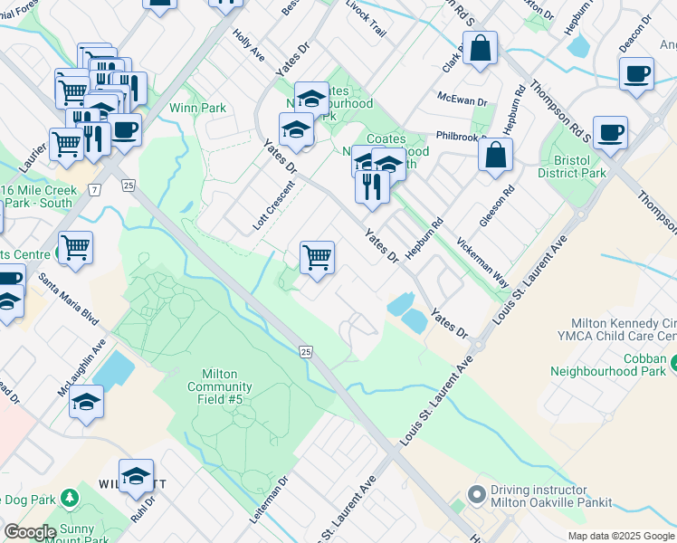 map of restaurants, bars, coffee shops, grocery stores, and more near 601 Gibson Crescent in Milton