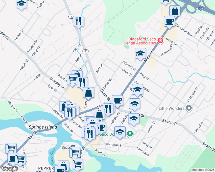 map of restaurants, bars, coffee shops, grocery stores, and more near 16 Union Street in Saco