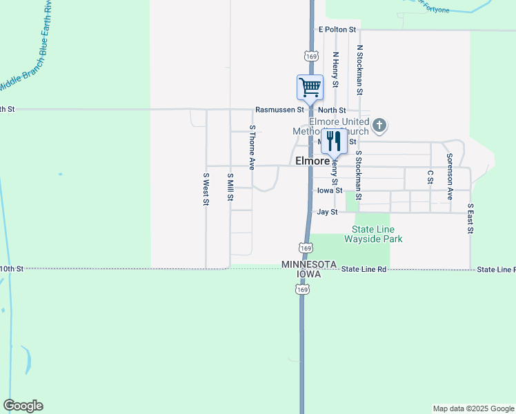 map of restaurants, bars, coffee shops, grocery stores, and more near 303 West Harrison Street in Elmore