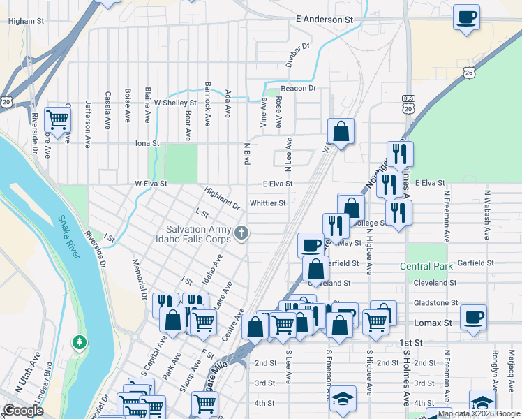map of restaurants, bars, coffee shops, grocery stores, and more near 104 Whittier Street in Idaho Falls