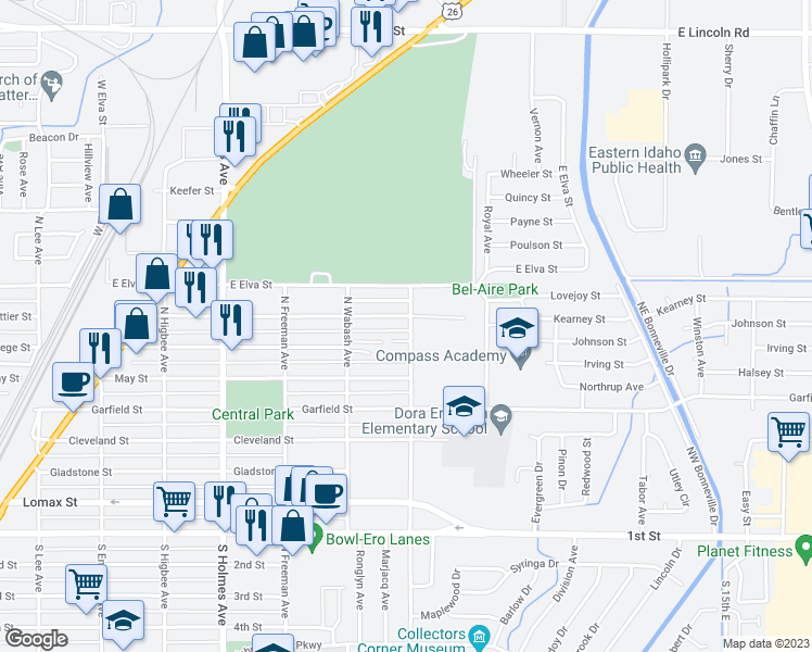 map of restaurants, bars, coffee shops, grocery stores, and more near 775 North Fanning Avenue in Idaho Falls