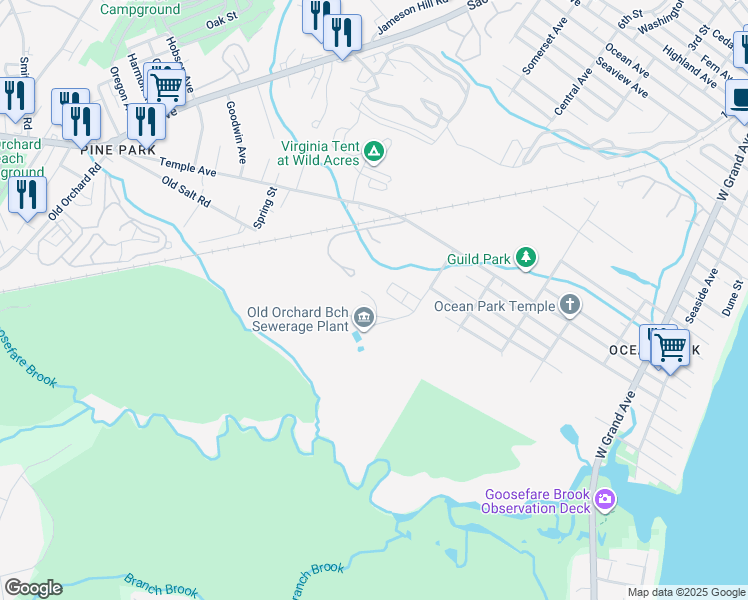 map of restaurants, bars, coffee shops, grocery stores, and more near Pinewood Lane in Saco