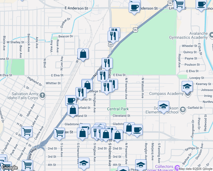 map of restaurants, bars, coffee shops, grocery stores, and more near 470 Whittier Street in Idaho Falls