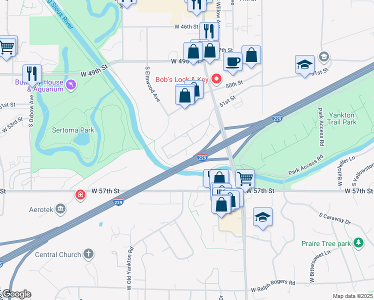 map of restaurants, bars, coffee shops, grocery stores, and more near 2011 West Johnson Place in Sioux Falls