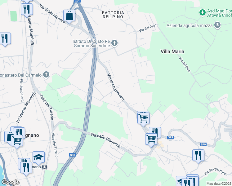 map of restaurants, bars, coffee shops, grocery stores, and more near 121 Via di Montenero in Livorno