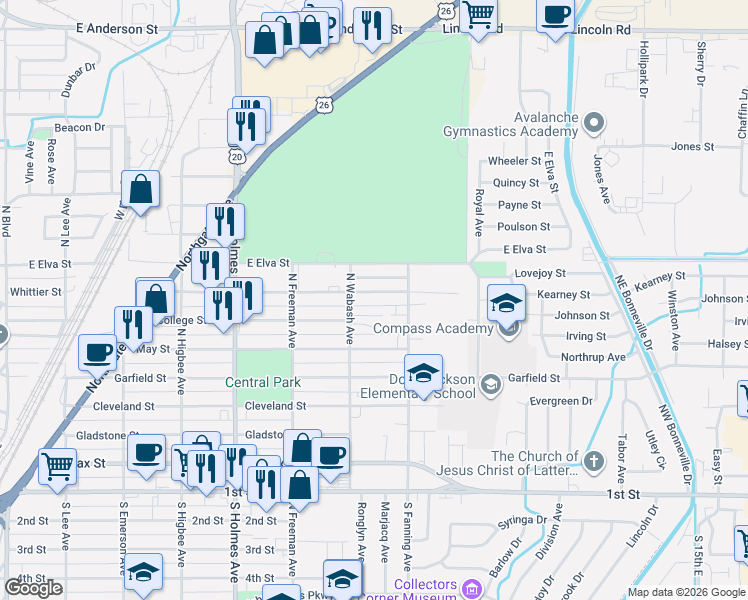 map of restaurants, bars, coffee shops, grocery stores, and more near 700 Whittier Street in Idaho Falls