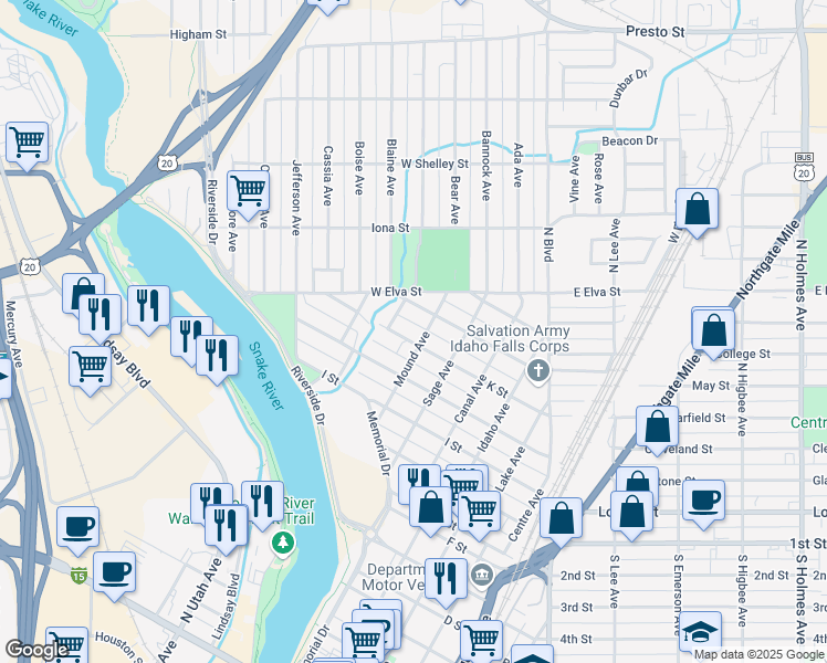 map of restaurants, bars, coffee shops, grocery stores, and more near 772 K Street in Idaho Falls