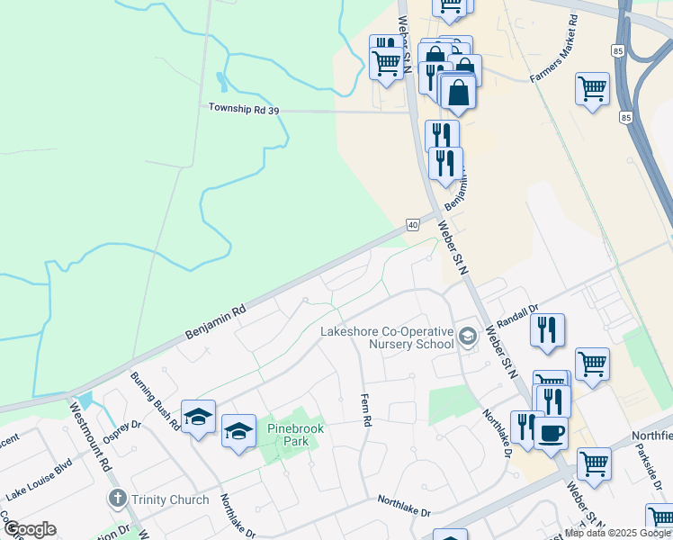 map of restaurants, bars, coffee shops, grocery stores, and more near 225 Benjamin Road in Waterloo