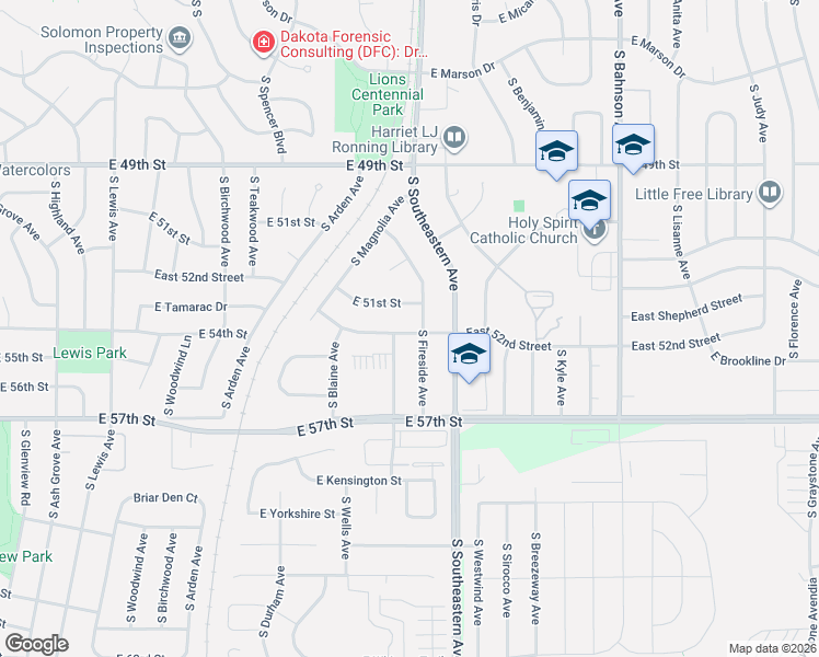 map of restaurants, bars, coffee shops, grocery stores, and more near 2900-2998 East 52nd Street in Sioux Falls