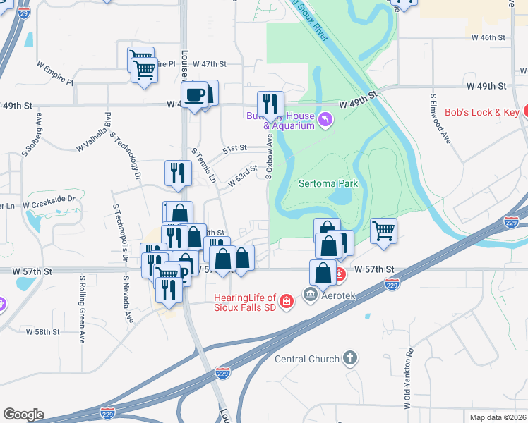 map of restaurants, bars, coffee shops, grocery stores, and more near 4705 South Oxbow Avenue in Sioux Falls