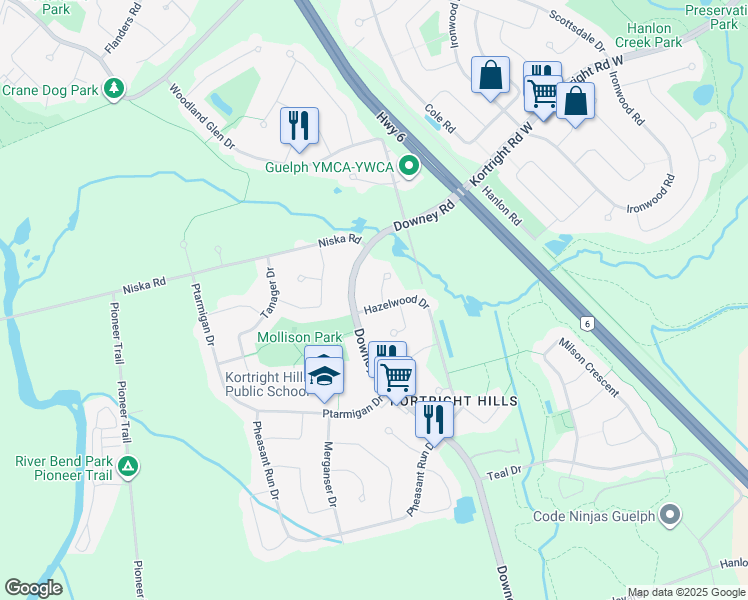 map of restaurants, bars, coffee shops, grocery stores, and more near 2 Mollison Court in Guelph