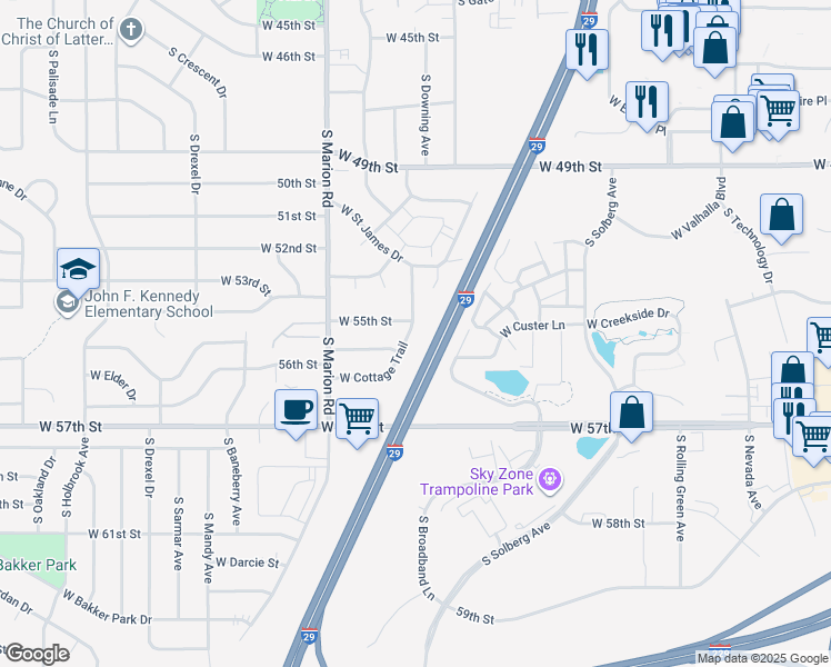 map of restaurants, bars, coffee shops, grocery stores, and more near 4900 West Cottage Trail in Sioux Falls