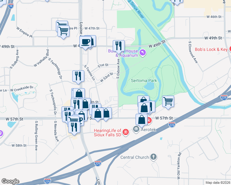 map of restaurants, bars, coffee shops, grocery stores, and more near 4705 South Oxbow Avenue in Sioux Falls