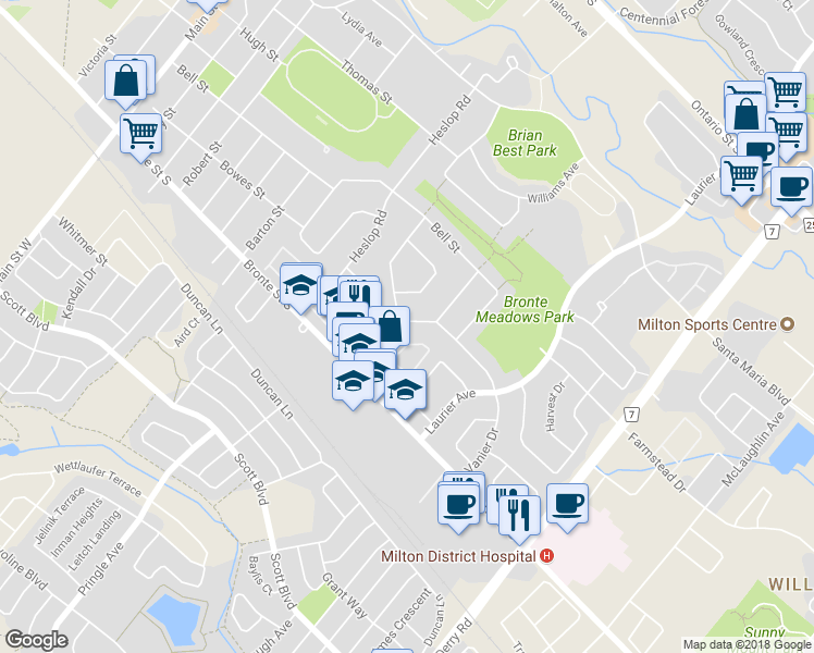 map of restaurants, bars, coffee shops, grocery stores, and more near 358 Meadowbrook Drive in Milton