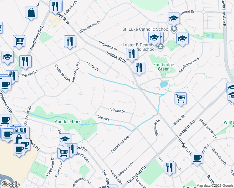 map of restaurants, bars, coffee shops, grocery stores, and more near 370 Green Acres Drive in Waterloo