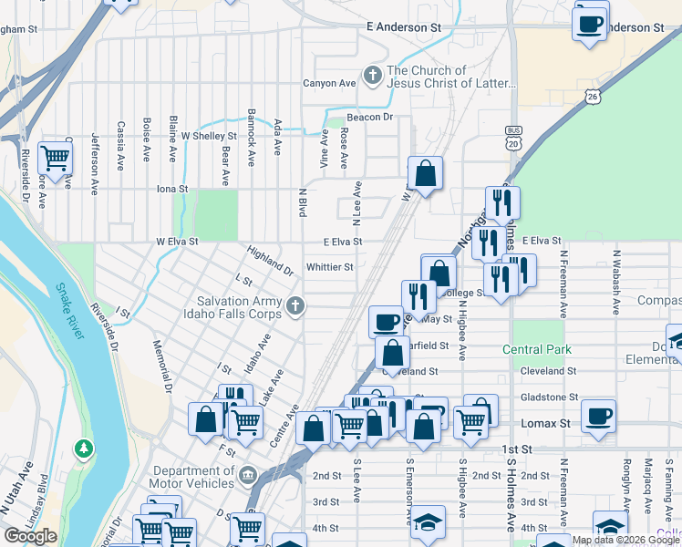 map of restaurants, bars, coffee shops, grocery stores, and more near 166 Whittier Street in Idaho Falls